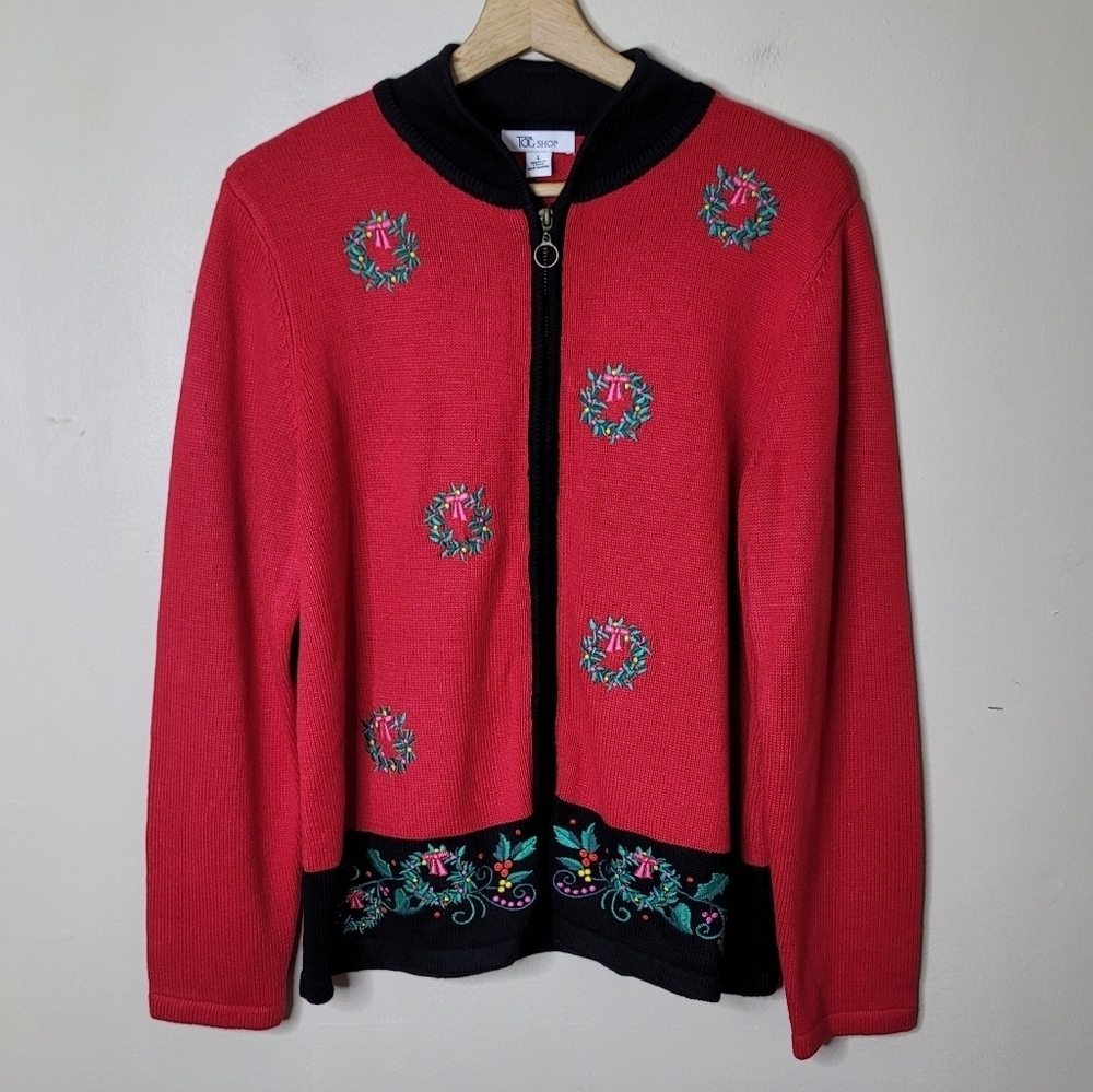 The Tog Shop Red Holiday Cardigan Sweater Embroidered Wreaths Full Zip Size L - Picture 2 of 9